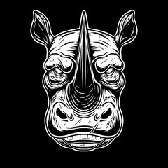 Illustration of head of wild angry rhino in vintage monochrome style. Design element for logo, emblem, sign, poster, card, banner. Vector illustration