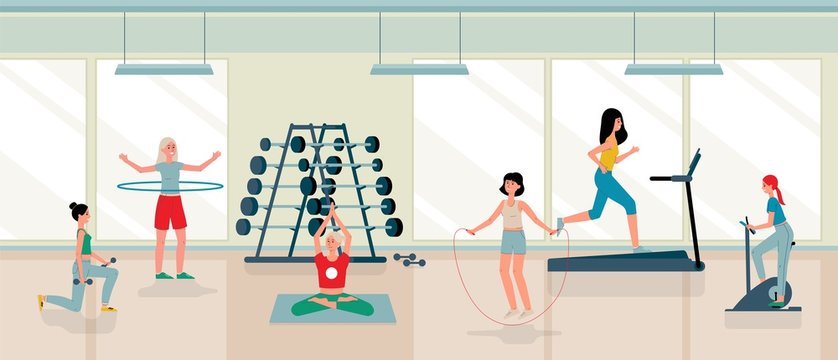 Cartoon woman in female gym interior doing fitness exercises