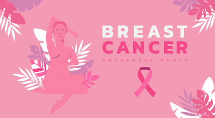 Obraz na płótnie Canvas breast cancer awareness month web banner for charity campaign or disease prevention concept, beautiful bald woman cancer with pink ribbon, vector flat illustration