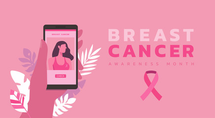 hand holding phone using mobile app to check breast cancer awareness month with pink ribbon web banner for support and health care concept, vector flat illustration