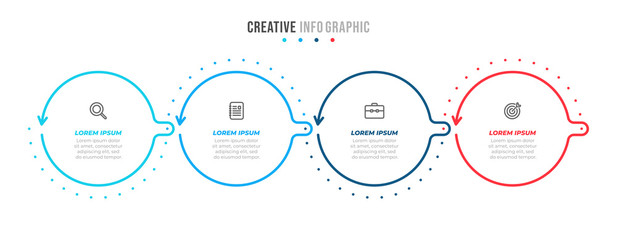 Business infographic thin line process with circle and arrows template design with icons and 4 options or steps. Vector illustration.