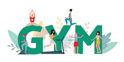 Gym, sport and fitness with exercising people flat vector illustration isolated.