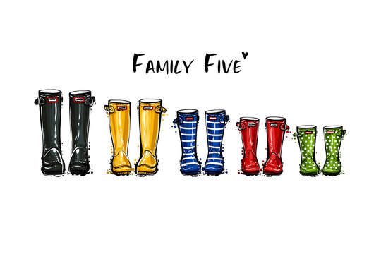 Happy home family five concept. Different colors wellies collection. Rubber boots autumn fall concept. Vector illustration in watercolor style. Decoration family card on white background.