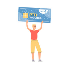 Man cartoon character holding gift voucher, flat vector illustration isolated.