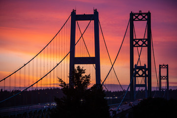 Tacoma, Washington State, Tacoma Narrows Bridge at sunset - obrazy, fototapety, plakaty