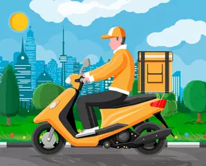 Foto op Plexiglas Delivery man riding motorbike scooter with the box. Concept of fast delivery in the city. Male courier with parcel box on his back with goods, food and products. Cartoon flat vector illustration © absent84