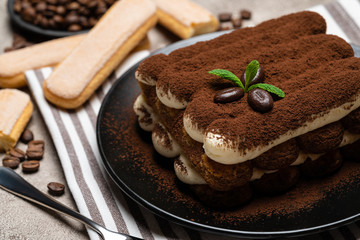 Classic tiramisu dessert and savoiardi cookies on ceramic plate on concrete background