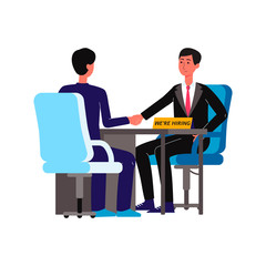 Fototapeta premium Two businessmen at HR interview - cartoon men shake hands sitting at desk