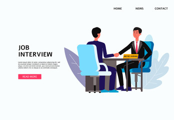 Recruiting agency banner with job interview scene, flat vector illustration.