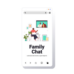 woman having virtual meeting with senior parents during video call family chat online communication concept smartphone screen living room interior full length copy space vector illustration