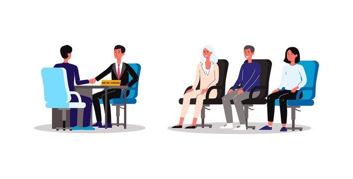 Job interview with candidates and recruiter flat vector illustration isolated.
