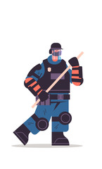 policeman in full tactical gear holding baton riot police officer protesters and demonstrations control concept full length vertical vector illustration