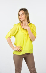 Girl yellow shirt blouse summer clothes, dreamy woman concept