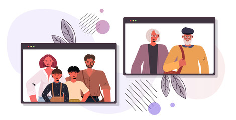 parents and children having virtual meeting with grandparents in web browser window during video call family chat communication concept horizontal portrait vector illustration