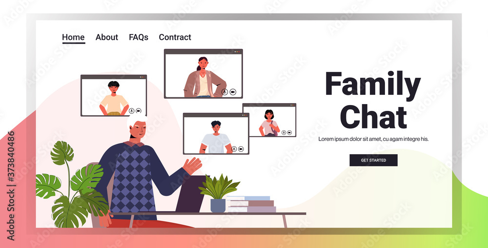 Poster senior man having virtual meeting with family members in web browser windows during video call onlin
