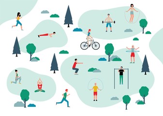 People doing sports outdoors at city park background, flat vector illustration.