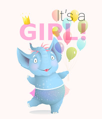 Obraz na płótnie Canvas Its a Girl greeting card with baby elephant celebrating birthday. Cute newborn girl animal character with balloons and skirt, cheerful and happy. Vector 3d realistic artistic cartoon for kids events.