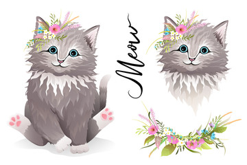 Little kitten or cat with flowers on head and just head designer clipart collection. Realistic hand drawn vector cute animal for kids and adults t shirt print and other design. Watercolor style.