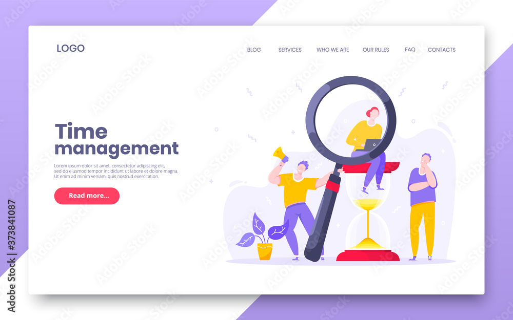 Poster time management business concept with tiny people, giant hourglass and magnifier symbol working on h