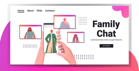 hands using smartphone chatting with arabic people in web browser windows during virtual meeting video call family chat online communication concept horizontal vector illustration