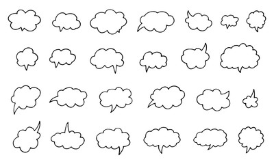 Hand drawn cloudy speech bubbles set. Doodle thinking balloons isolated on white background.