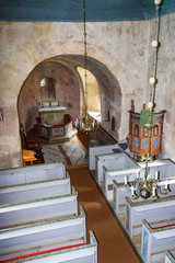 Interior with altar and pulpit in an old church from above