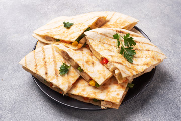 Triangular slices of a Mexican quesadilla with the sauce. The traditional dish of Mexico is tortillas stuffed with meat and vegetables. copy space.