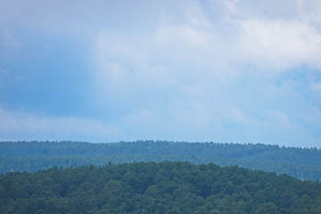 View of the hills covered with coniferous forest against a cloudy sky