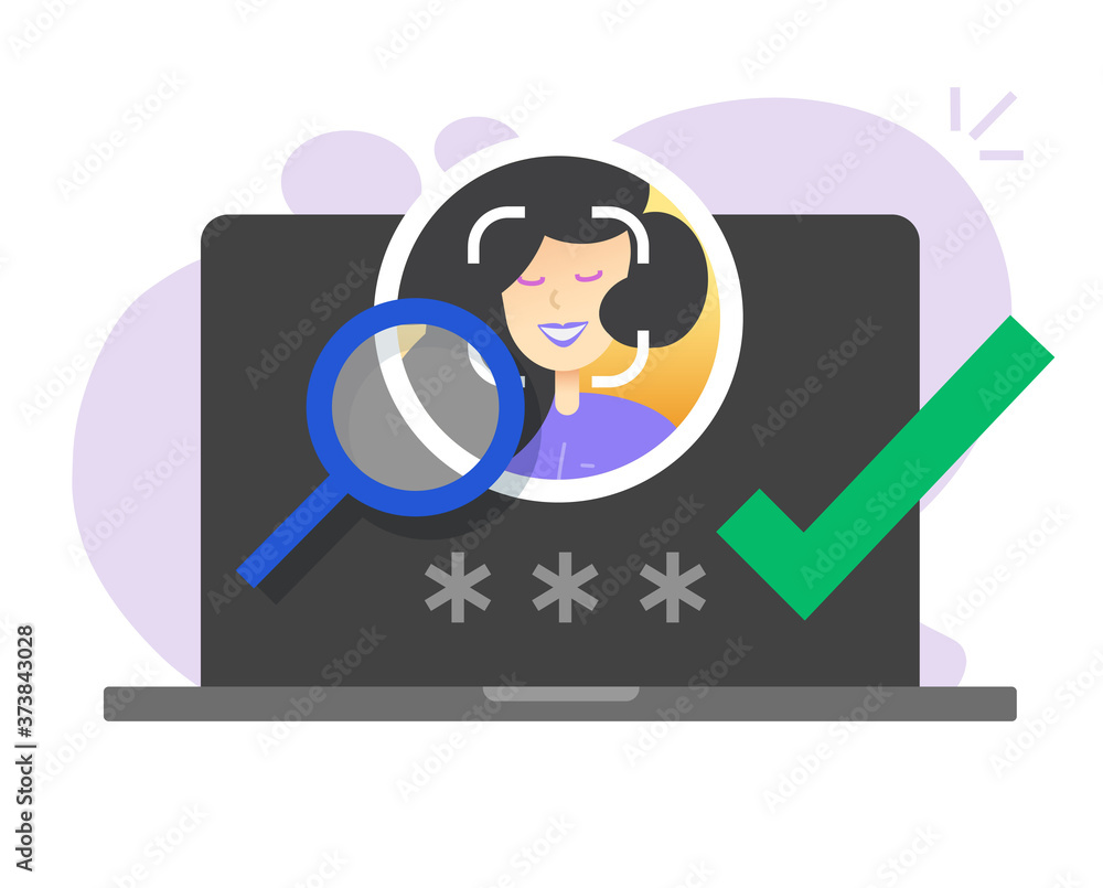 Poster face identification id, facial recognition security access on laptop computer pc vector, password co