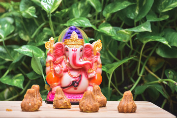 Close up of statue of lord Ganesha with modak during the Ganesh Chaturthi festival in India.