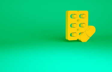 Orange Pills in blister pack icon isolated on green background. Medical drug package for tablet, vitamin, antibiotic, aspirin. Minimalism concept. 3d illustration 3D render.