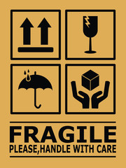 Fragile or Package Label stickers set. (Fragile, Handle with Care, This Way Up, Keep Dry). black in color with brown background. Square format. EPS 10 vectors.
