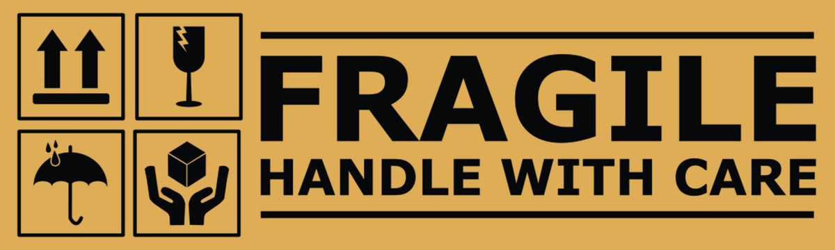 Fragile or Package Label stickers set. (Fragile, Handle with Care, This Way Up, Keep Dry). black in color with brown background. Square format. EPS 10 vectors.
