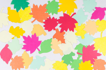 Autumn leaves of paper next to a white envelope.