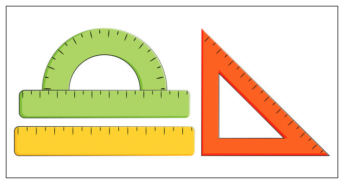 Vector flat illustration of ruler, straightedge, triangle ruler, protractor. School supplies. Measurement tool