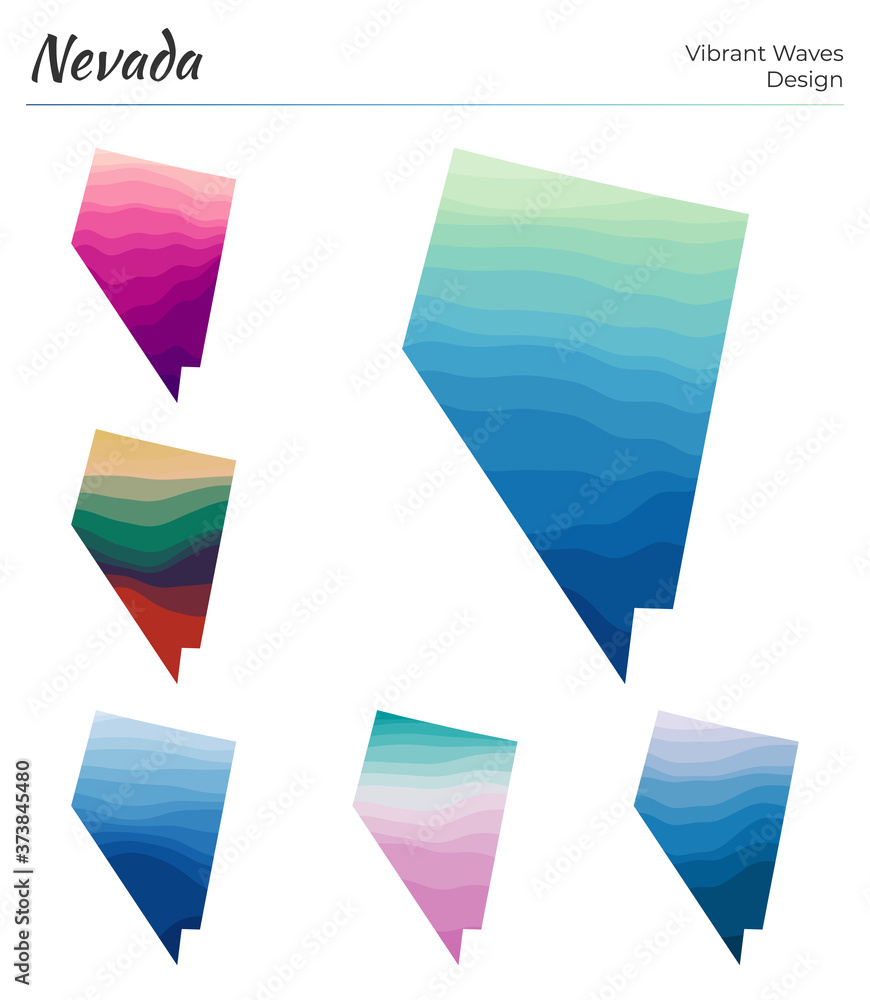 Poster set of vector maps of nevada. vibrant waves design. bright map of us state in geometric smooth curve
