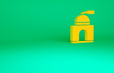 Orange Manual coffee grinder icon isolated on green background. Minimalism concept. 3d illustration 3D render.