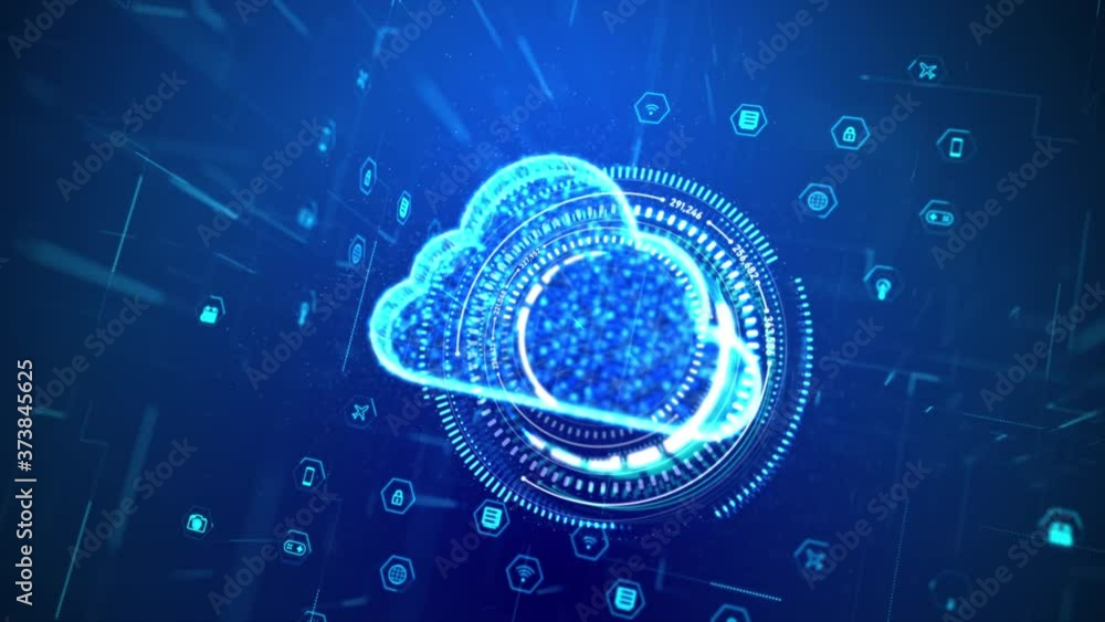 Poster 3d rendering cloud computer with hologram and hud head up display interface element, for cyber and f