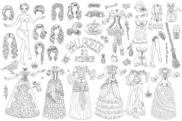 Big set of dress up paper doll with Halloween witch costumes, pot, broom and scary objects.