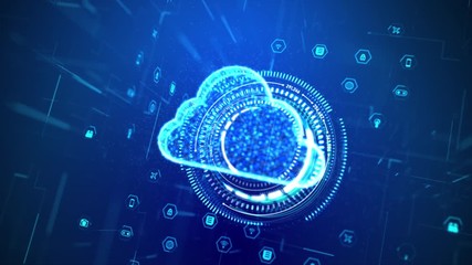 3D Rendering cloud computer with hologram and HUD head up display interface element, for cyber and futuristic concept with dark and grain processed - Powered by Adobe