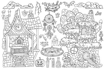 Halloween set with scary houses, pumpkin, magic spell book, broom and witch objects.