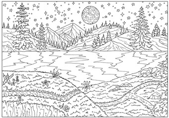 Halloween black and white drawing of mystic landscape with lake shore, trees and full moon at night.