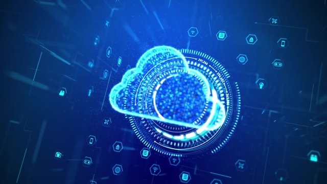 3D Rendering cloud computer with hologram and HUD head up display interface element, for cyber and futuristic concept with dark and grain processed - Powered by Adobe