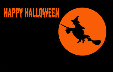 Halloween greeting background. Flying witch silhouette. Black and orange. 