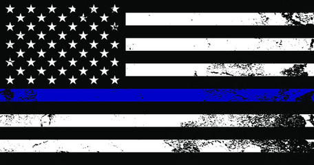 American flag with police support symbol, Thin blue line. American police in society as the force which holds back chaos, allowing order and civilization to thrive. Poster, card, banner, background