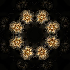 Circular pattern from gold fractal flowers on a black background. Kaleidoscope