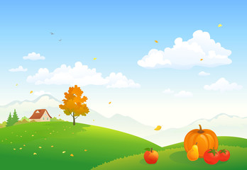 Vector cartoon illustration of a rural autumn scene