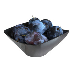 delicious plums in a black сup on a white isolated background