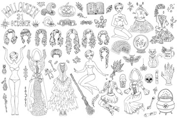 Fototapeta na wymiar Big collection of dress up paper doll with Halloween witch costumes, pot, broom and scary objects.