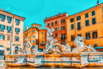 Obraz na płótnie Canvas ROME, ITALY - MAY 09, 2017 : Piazza Navona is a square in Rome, Italy. It is built on the site of the Stadium of Domitian, built in 1st century AD. Fountain of the Moor (Fontana del Moro).